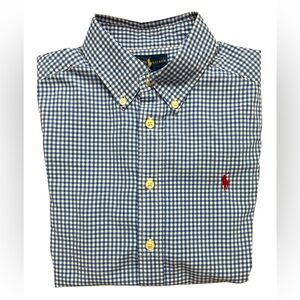 Ralph Lauren Button Boys Oxford Medium 10-12 Blue Long Sleeve Gingham Plaid